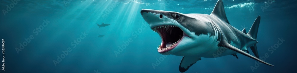 Naklejka premium Hammerhead shark, wide open mouth, revealing rows of teeth, fear, fish