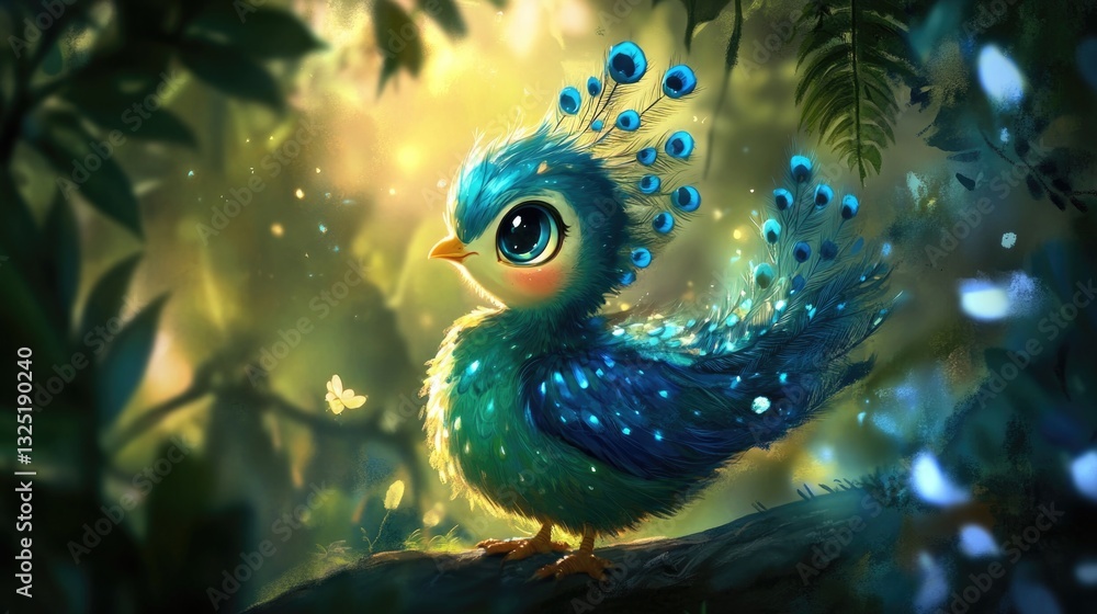 Obraz premium Adorable cartoon bird with vibrant colors perched on a branch