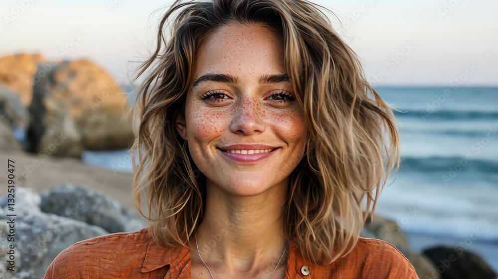 Smiling woman with wavy hair at beach, enjoying sunset over ocean. Smiling woman with wavy hair at beach, enjoying sunset over ocean.
