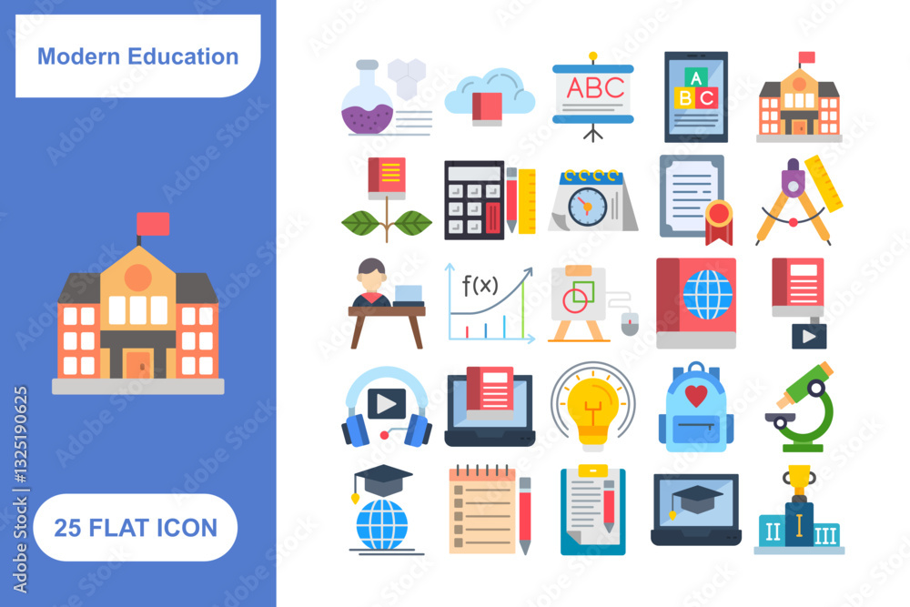 Obraz premium Modern Education Flat Icon Set, Collection of 25 Modern Education Flat Icon Set – 25 Learning, School, and Online Study Icons