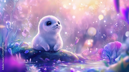 A cute seal pup sits by a pond surrounded by flowers