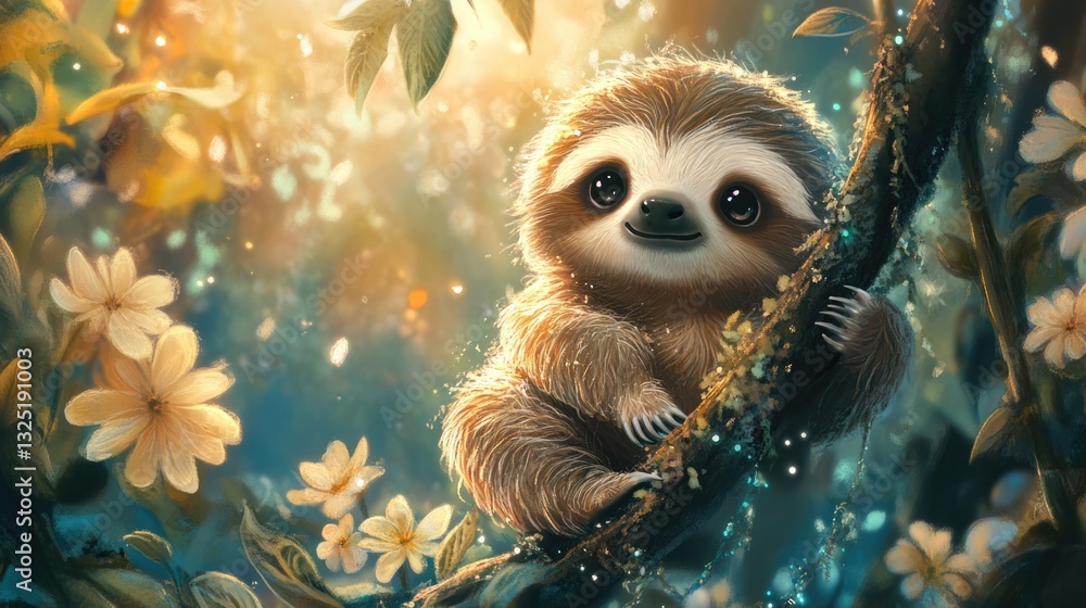 Adorable sloth perched happily on a tree branch surrounded by flowers Adorable sloth perched happily on a tree branch surrounded by flowers