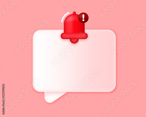 3D Bell with danger alert notification. Attention New important message. Urgent online call. Social media reminder. Cartoon style. Vector illustration.