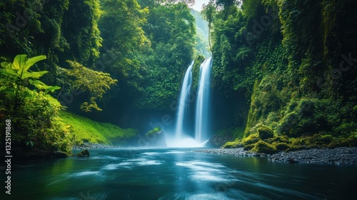 Lush tropical rainforest scene featuring a stunning waterfall and river view