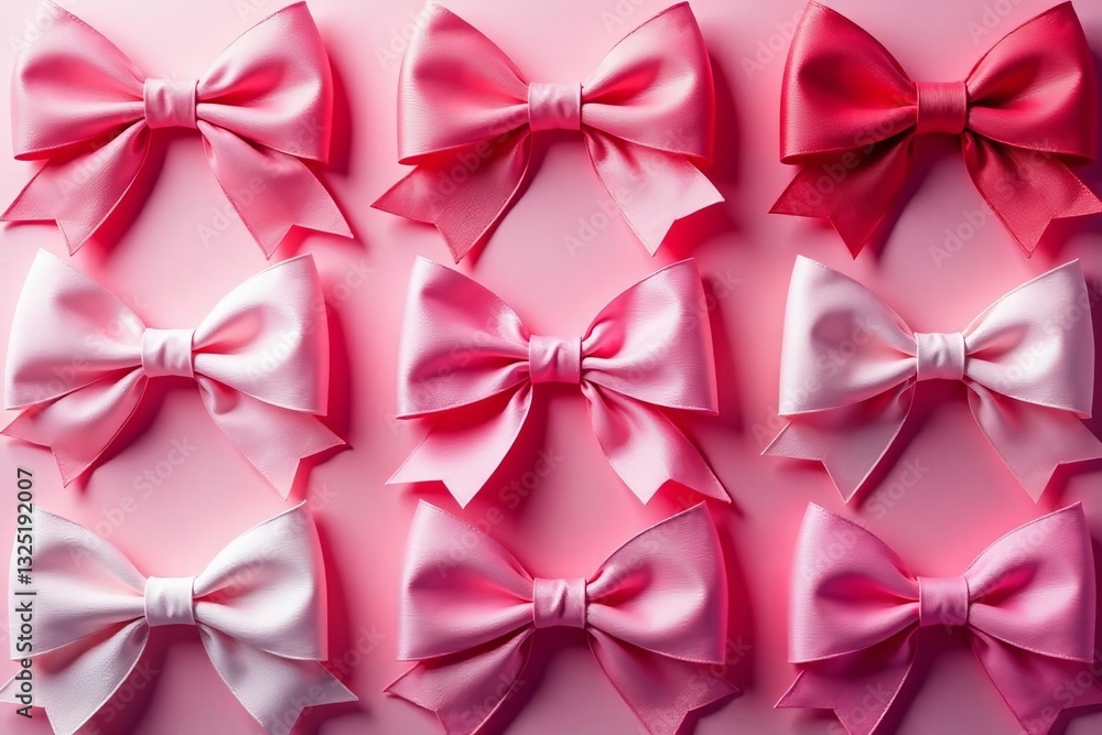 Assortment of different shades of pink ribbon bows arranged creatively, craft, pastel Assortment of different shades of pink ribbon bows arranged creatively, craft, pastel