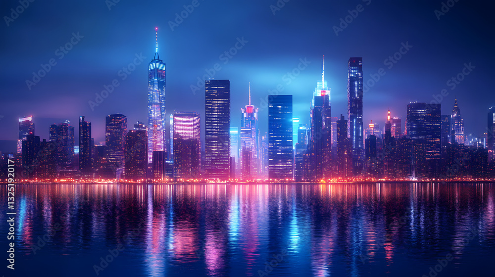 Fototapeta premium Nighttime city skyline with illuminated skyscrapers reflecting in water, creating a vibrant atmosphere