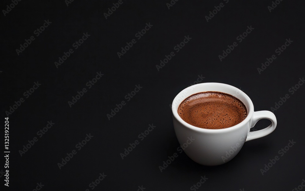 Close-up view of a small white cup filled with dark brown espresso on a black background. The crema is visible on top of the coffee Close-up view of a small white cup filled with dark brown espresso on a black background. The crema is visible on top of the coffee