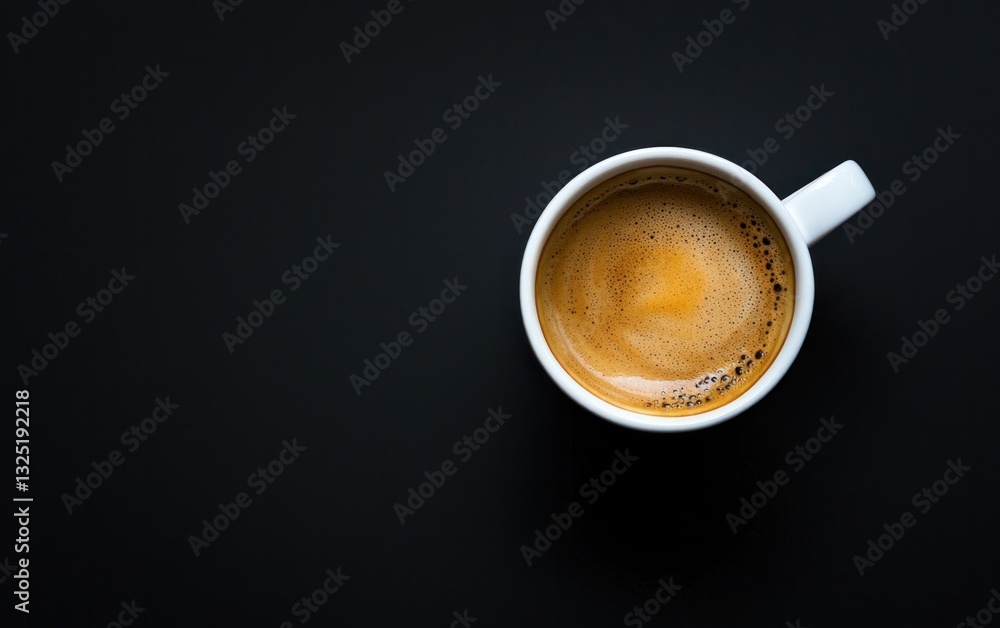 Overhead close-up of a white mug filled with espresso on a black background. The coffee has a light brown crema with darker speckles. Simple and elegant Overhead close-up of a white mug filled with espresso on a black background. The coffee has a light brown crema with darker speckles. Simple and elegant