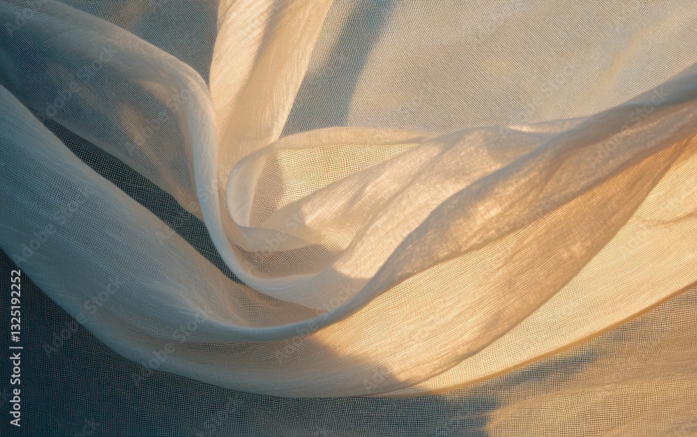 Obraz premium Soft, flowing beige fabric with a textured surface creates elegant, swirling patterns against a dark background. The light catches the fabric, highlighting its delicate texture and translucent