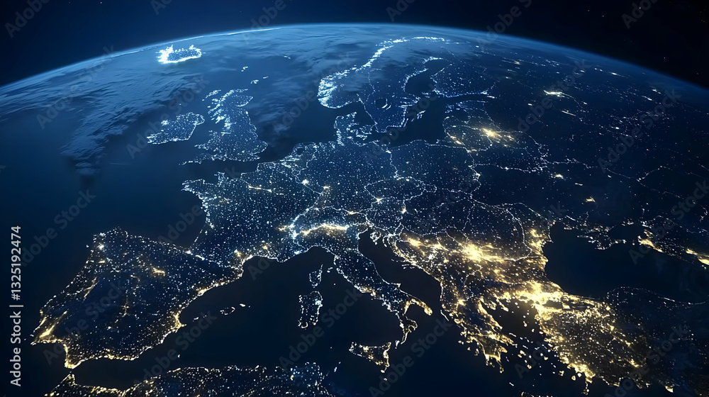 Obraz premium Night View Of Earth With Illuminated City Lights Against Dark Blue Space Background