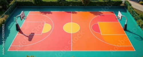 High-angle view of empty netball court markings, goal, overhead