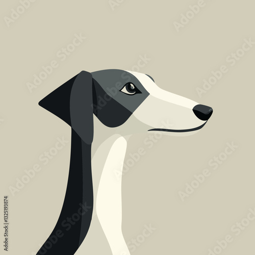 Stylized illustration of a dog with a sleek design in shades of black and white against a muted beige background