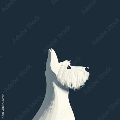Profile of a cute white dog against a dark background illustrating calmness and curiosity