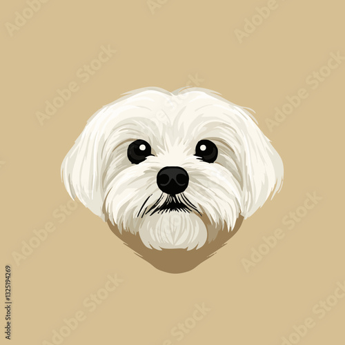 Stylized illustration of a Maltese dog with expressive black eyes on a muted beige background