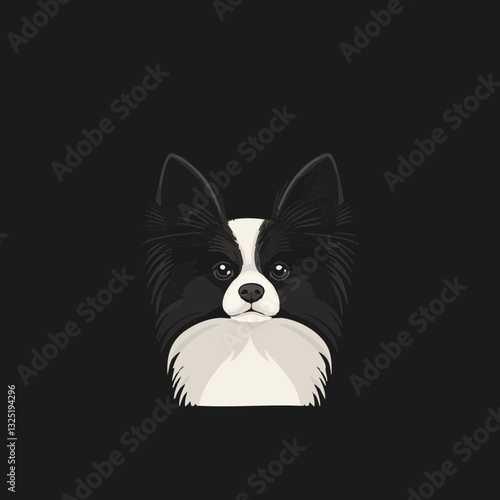 Stylized vector illustration of a black and white dog face against a dark background