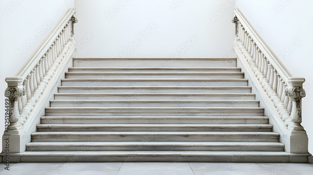 Fototapeta premium Symmetrical White Marble Staircase With Ornate Balustrade and Aged Stone Steps Leading Upwards in a Clean Interior