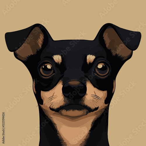 Vector illustration of a black and tan dog with expressive eyes against a beige background