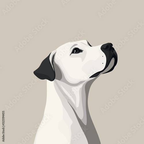 Stylized white dog with a black ear, gazing upwards, on a muted background