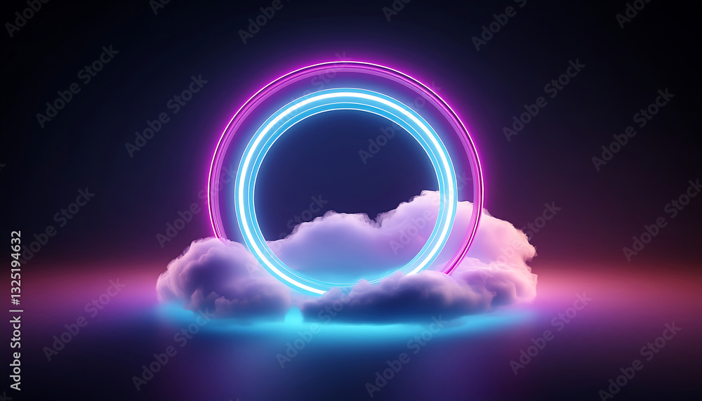 Obraz premium 3d render, abstract cloud illuminated with neon light ring on dark night sky. Glowing geometric shape, round frame