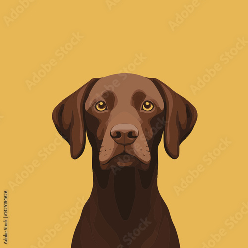 Vektorzeichnung eines braunen Labrador mit gelbem Hintergrund, der freundlich und aufmerksam wirkt.