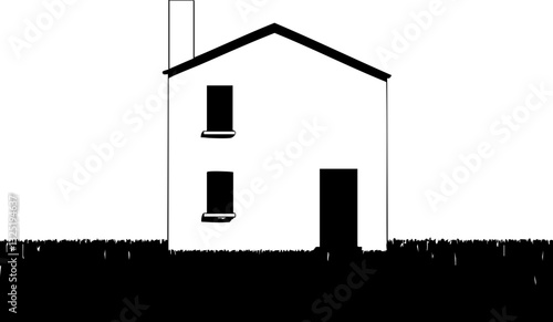 Ein minimalistisches Haus in schwarz-weiß, umgeben von grasbedecktem Boden, vermittelt ein Gefühl von Ruhe und Einfachheit.