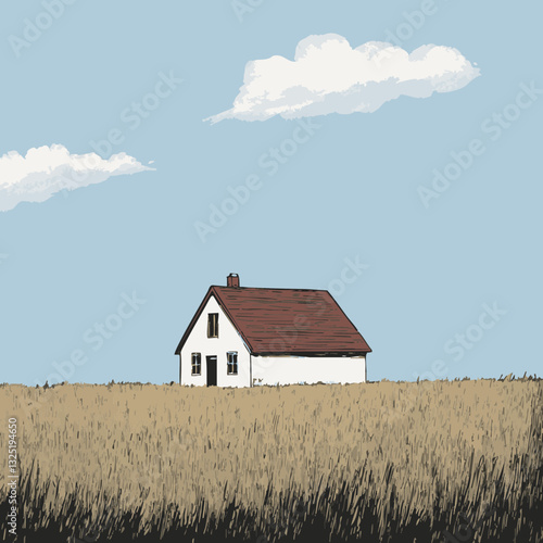 Einfaches Haus in einem weiten Feld unter einem blauen Himmel mit Wolken