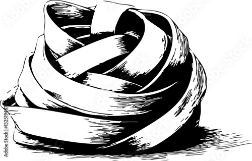 Künstlerische Darstellung von Tagliatelle-Nudeln in einer eleganten, geschwungenen Form in Schwarz-Weiß