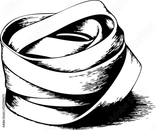 Gestapelte Tagliatelle-Nudeln in einer eleganten Form, schwarz-weiß illustration