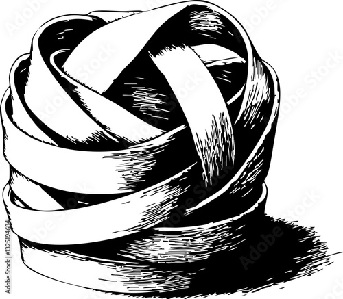 Detailreiche Vektorgrafik eines Pastanudeln, die kunstvoll zu einem Knoten geschlungen sind, in Schwarz-Weiß gehalten