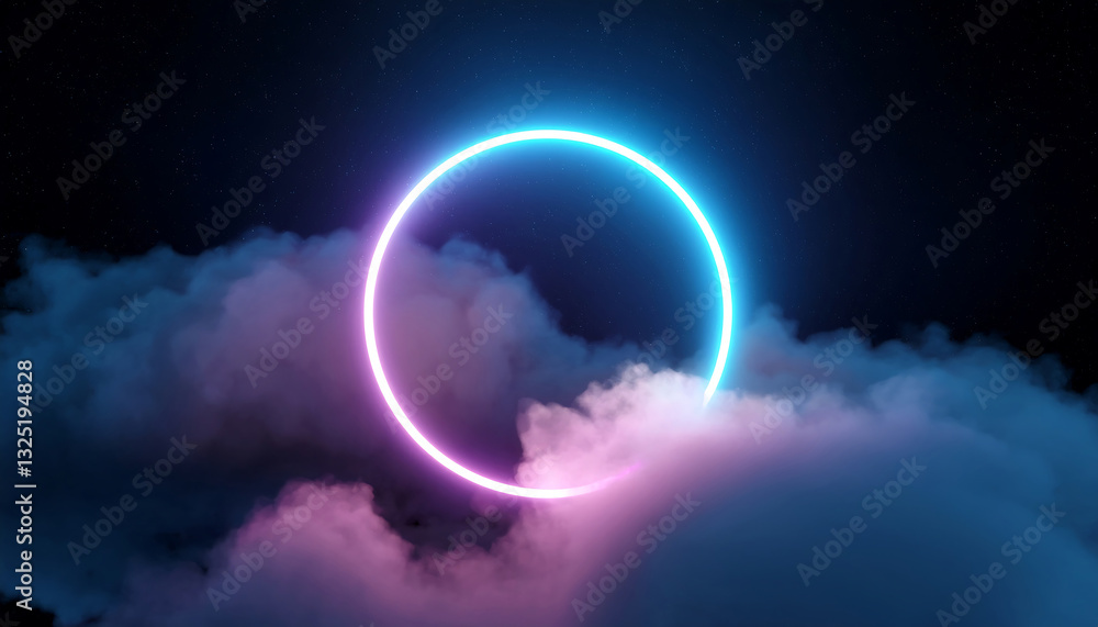 3d render, abstract cloud illuminated with neon light ring on dark night sky. Glowing geometric shape, round frame 3d render, abstract cloud illuminated with neon light ring on dark night sky. Glowing geometric shape, round frame