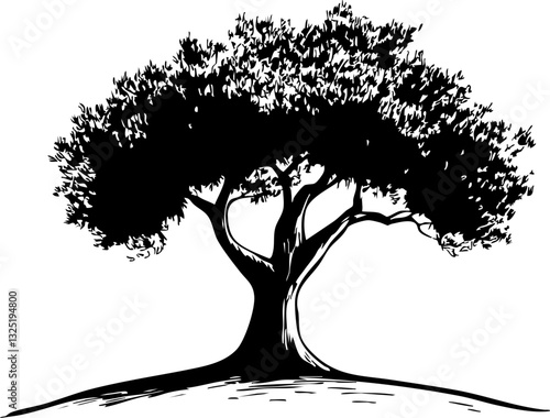 Schwarzer Baum mit breiter Krone auf einem Hügel, als Vektorillustration gestaltet