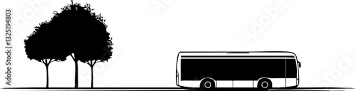 Schwarze Silhouette eines Busses neben einem Baum vor minimalistischem Hintergrund