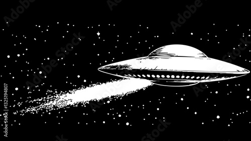 Illustration eines Raumfahrzeugs, das durch den Weltraum fliegt, in schwarz-weißer Grafik