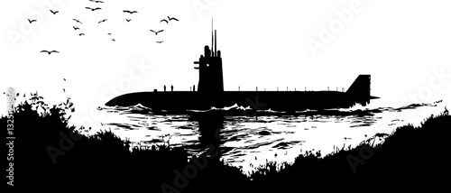 U-Boot im Ozean, umgeben von Vögeln und Wellen in monochromatischer Darstellung