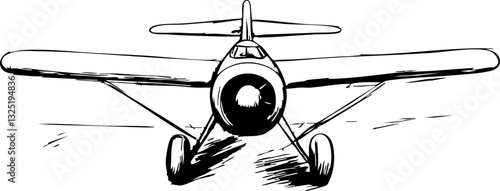 Vintage Flugzeugfrontansicht in Schwarz-Weiß, skizzenhaft mit minimalistischen Details