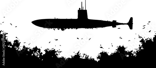 Schwarz-weißes Silhouette eines U-Bootes, umgeben von spritzendem Wasser