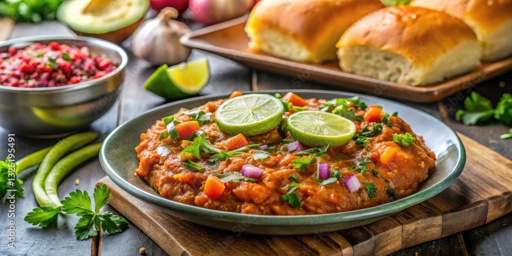Vibrant Macro Photography of Pav Bhaji, a Popular Indian Street Food Delight with Colorful Vegetables and Spices, Showcasing Textures and Ingredients in a Close-Up Shot Vibrant Macro Photography of Pav Bhaji, a Popular Indian Street Food Delight with Colorful Vegetables and Spices, Showcasing Textures and Ingredients in a Close-Up Shot