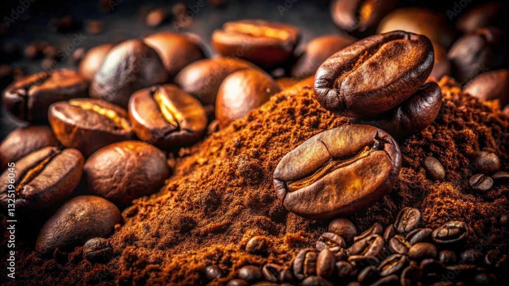 Fototapeta premium Vintage Coffee Seeds Close Up, Ground Coffee Beans, Dark Background, Retro Photography