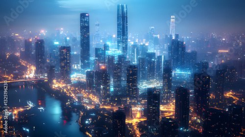 Wallpaper Mural Aerial view of a vibrant city skyline at night, showcasing illuminated skyscrapers and a river Torontodigital.ca