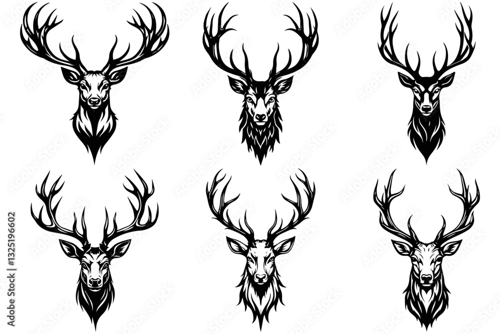Fototapeta premium Set of Deer Head Svg Files, Buck Hunting Clipart, Silhouette Vector Image, Engraving Design Graphic, Transparent Background Print file