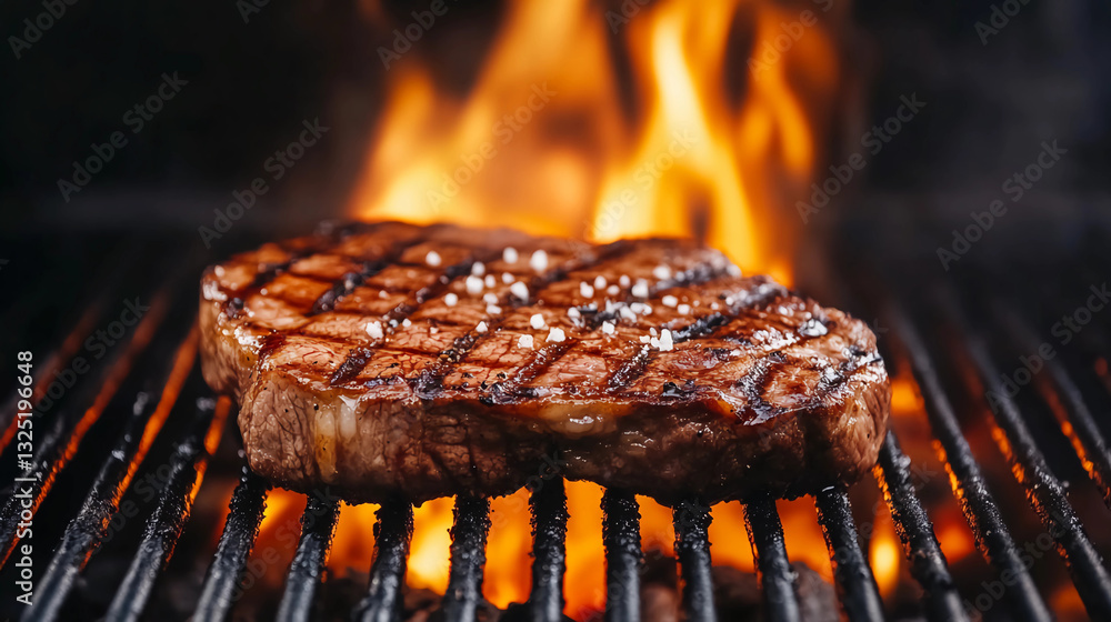 A perfectly grilled steak sizzling over an open flame, showcasing grill marks and seasoning, conveying a mouthwatering culinary experience. A perfectly grilled steak sizzling over an open flame, showcasing grill marks and seasoning, conveying a mouthwatering culinary experience.