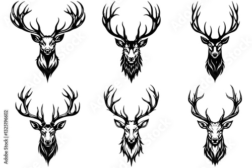 Set of Deer Head Svg Files, Buck Hunting Clipart, Silhouette Vector Image, Engraving Design Graphic, Transparent Background Print file