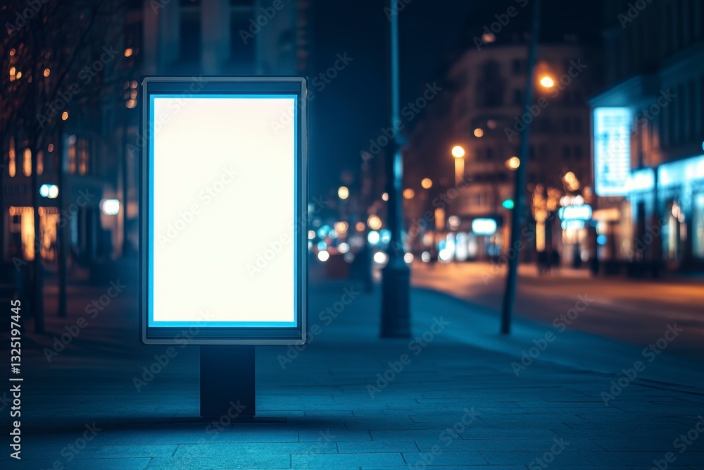 Illuminated Billboard Display on Urban Sidewalk at Night - Advertisement and Promotion Opportunity in Cityscape Illuminated Billboard Display on Urban Sidewalk at Night - Advertisement and Promotion Opportunity in Cityscape