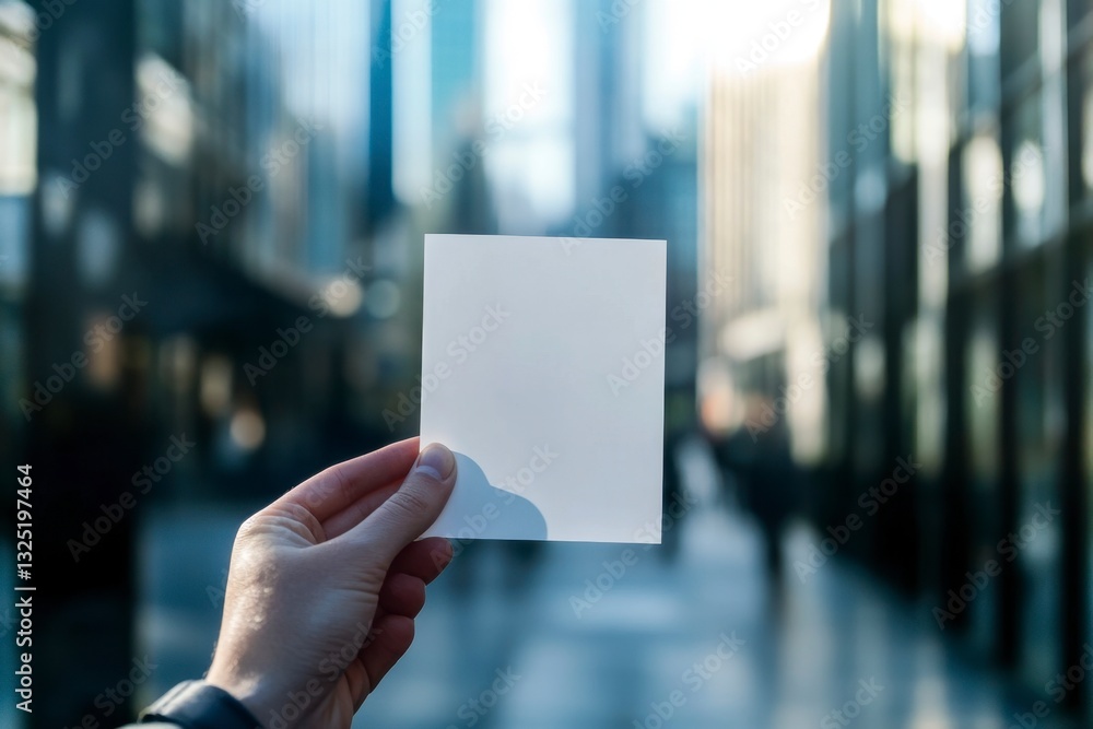 Hand Holds Blank White Card in Blurred Cityscape, Urban Environment Hand Holds Blank White Card in Blurred Cityscape, Urban Environment