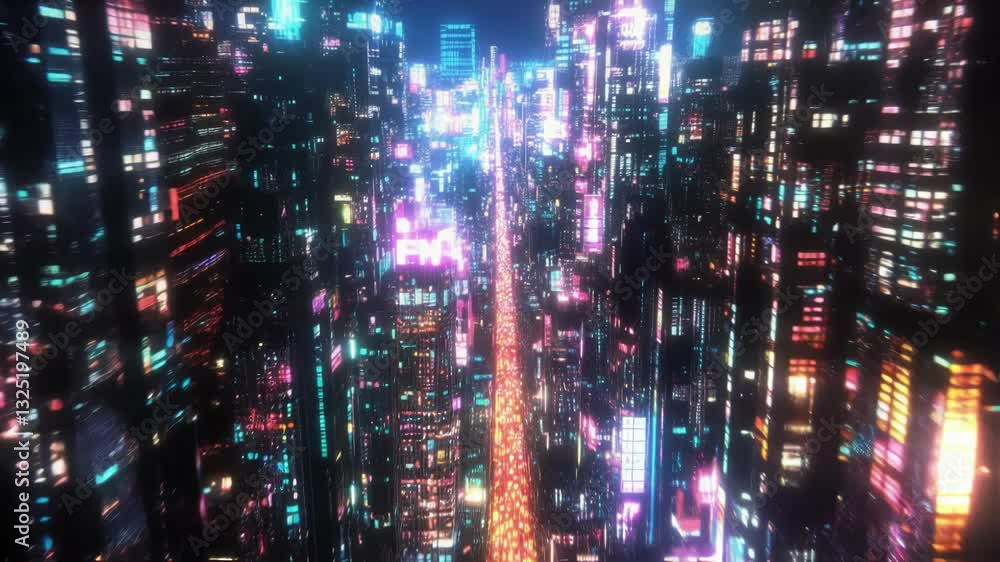 Glowing neon signs illuminate a futuristic cityscape at night, with traffic flowing smoothly along a central avenue, showcasing a vibrant and dynamic urban scene Glowing neon signs illuminate a futuristic cityscape at night, with traffic flowing smoothly along a central avenue, showcasing a vibrant and dynamic urban scene