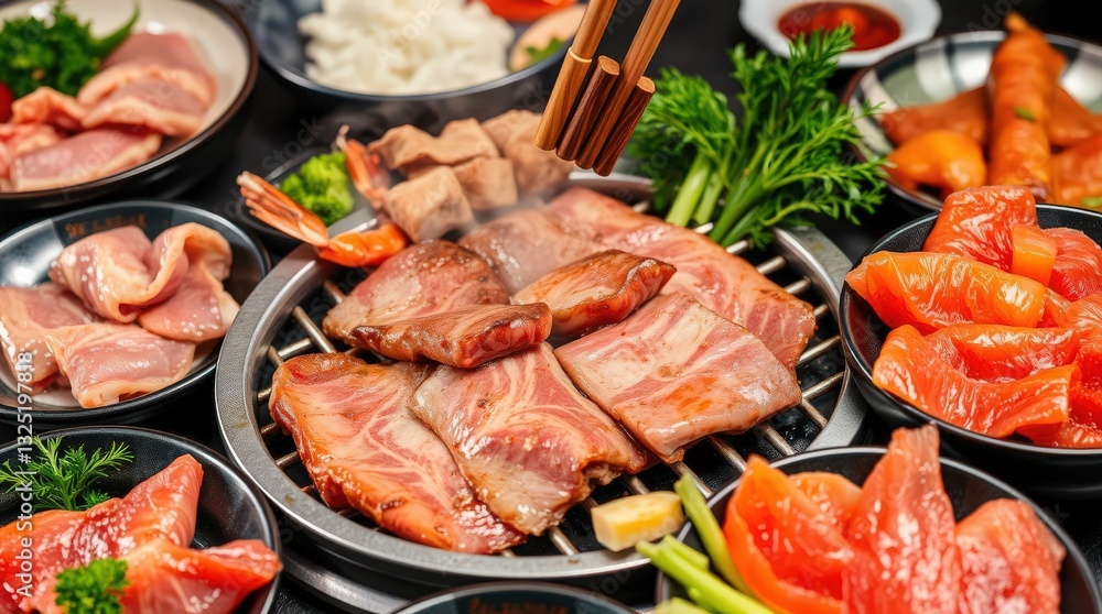 Grilled Meat and Fresh Seafood on Table Ready for Barbecue Feast Grilled Meat and Fresh Seafood on Table Ready for Barbecue Feast