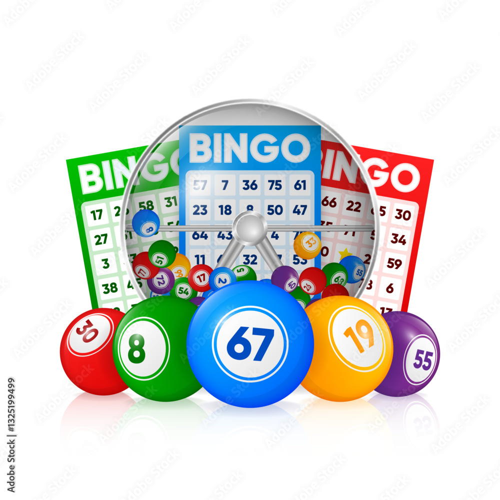 Fototapeta premium Lottery Machine with lotto balls inside. Bingo Game. Lottery wheel drum. Bingo luck, fortune and chance. Vector illustration.