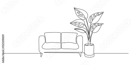 Sofa with home plant in continuous one line drawing. Modern room and home furniture in simple Linear style. Editable stroke. Doodle oneline vector illustration