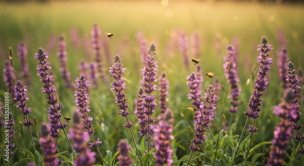 Obraz premium Vibrant purple flowers blooming in a sunlit meadow, with bees pollinating and a soft golden glow - sage plant pics