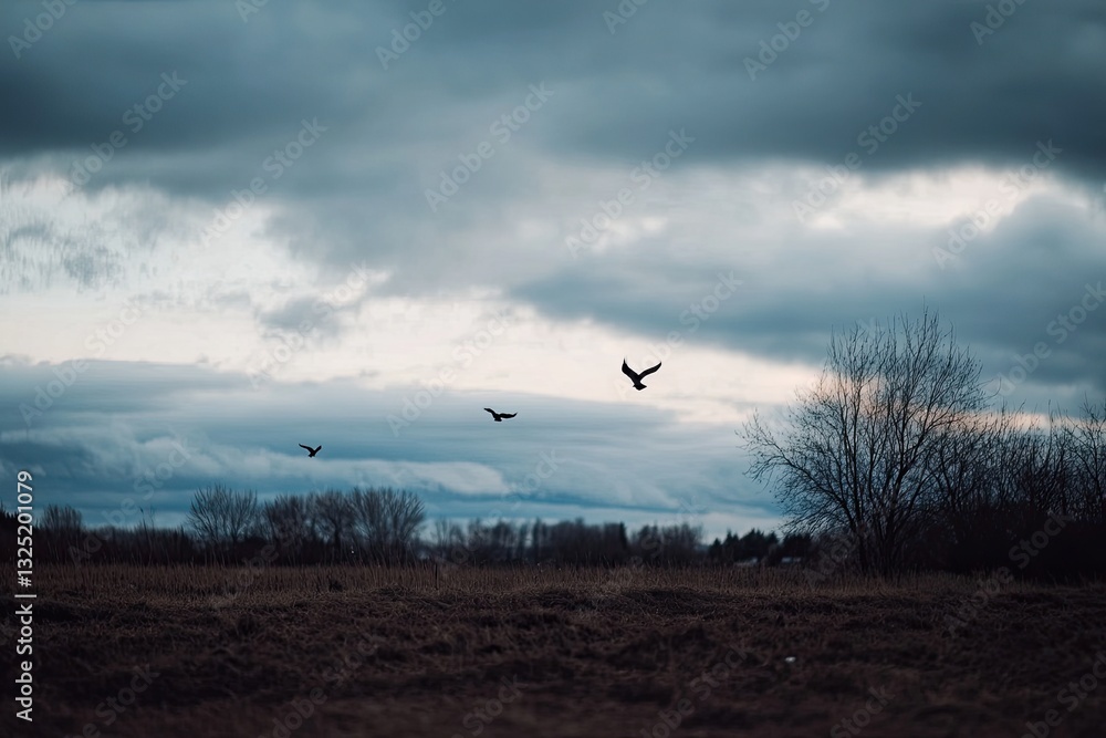 Three birds in flight over a field on a cloudy day Three birds in flight over a field on a cloudy day